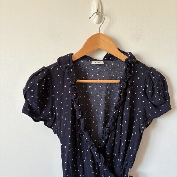 Aritzia Sunday Best New Wrap Dress Ruffle Heart Print Navy Blue Size Small - Picture 5 of 8